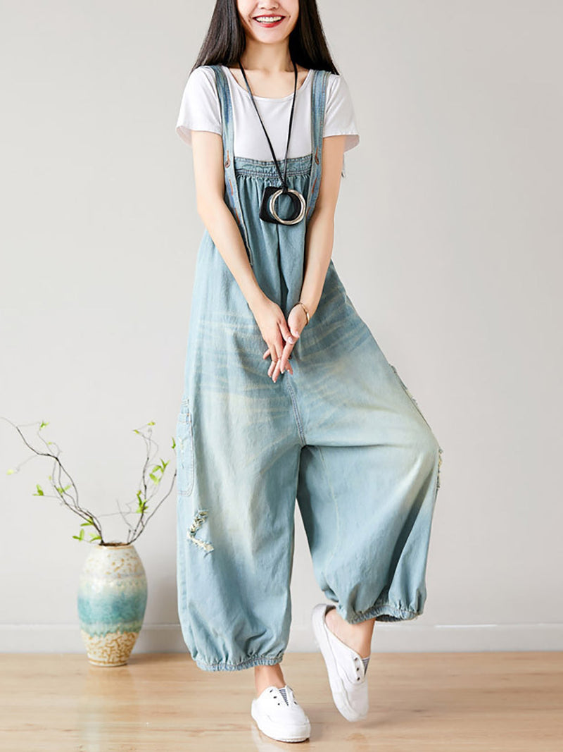 Summer Retro Frayed Washed Denim Jumpsuits