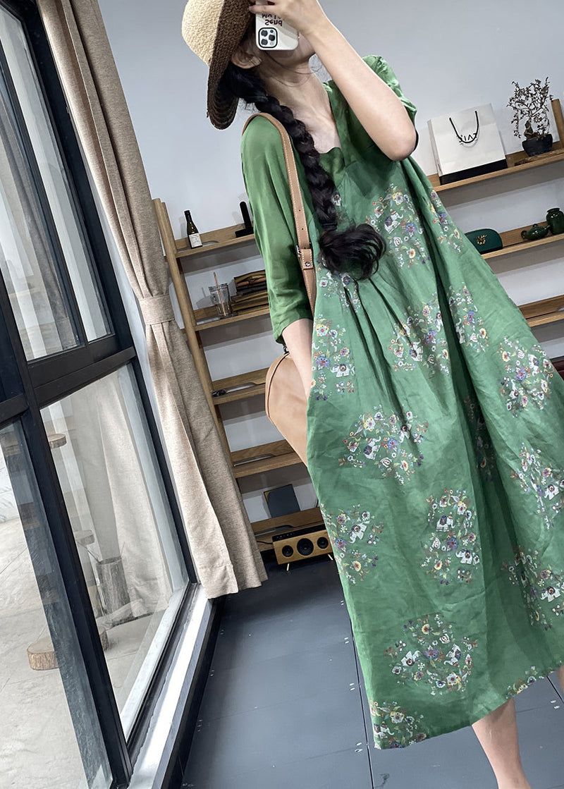 Apricot V Neck Print Patchwork Ramie Linen Dresses Summer