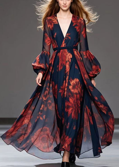 Red Print Chiffon Cinched Dress V Neck Exra Large Hem Fall