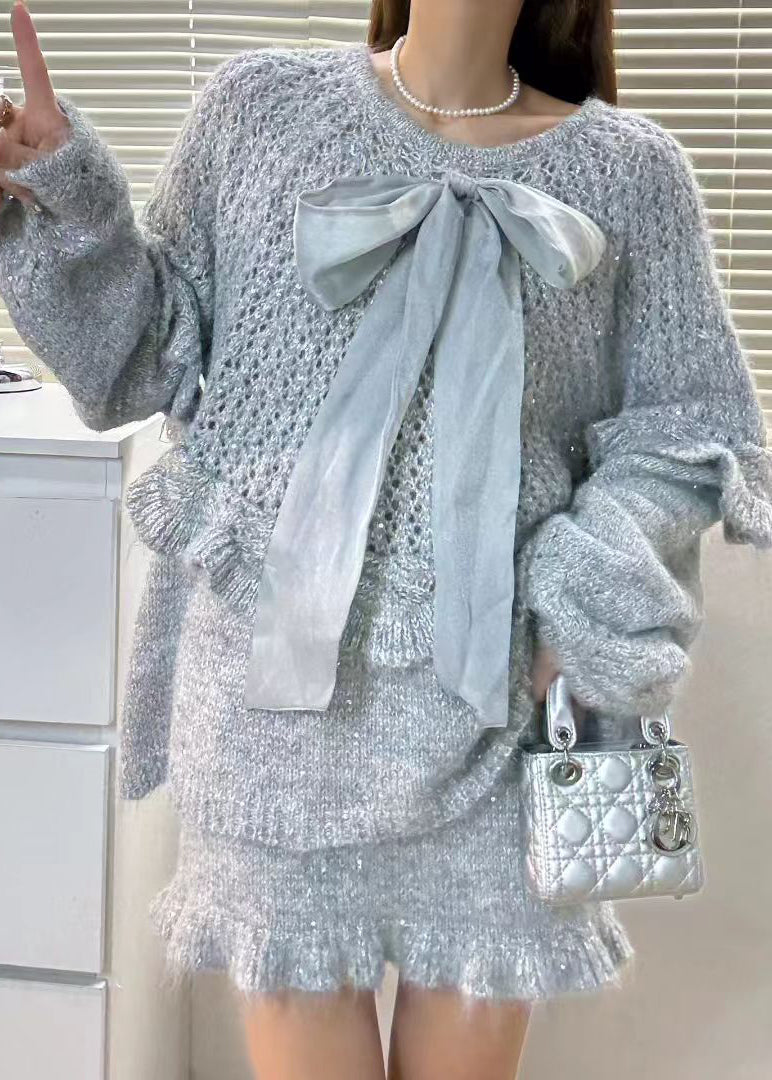 Purple Ruffled Hollow Out Bow Knit Two Piece Set Winter