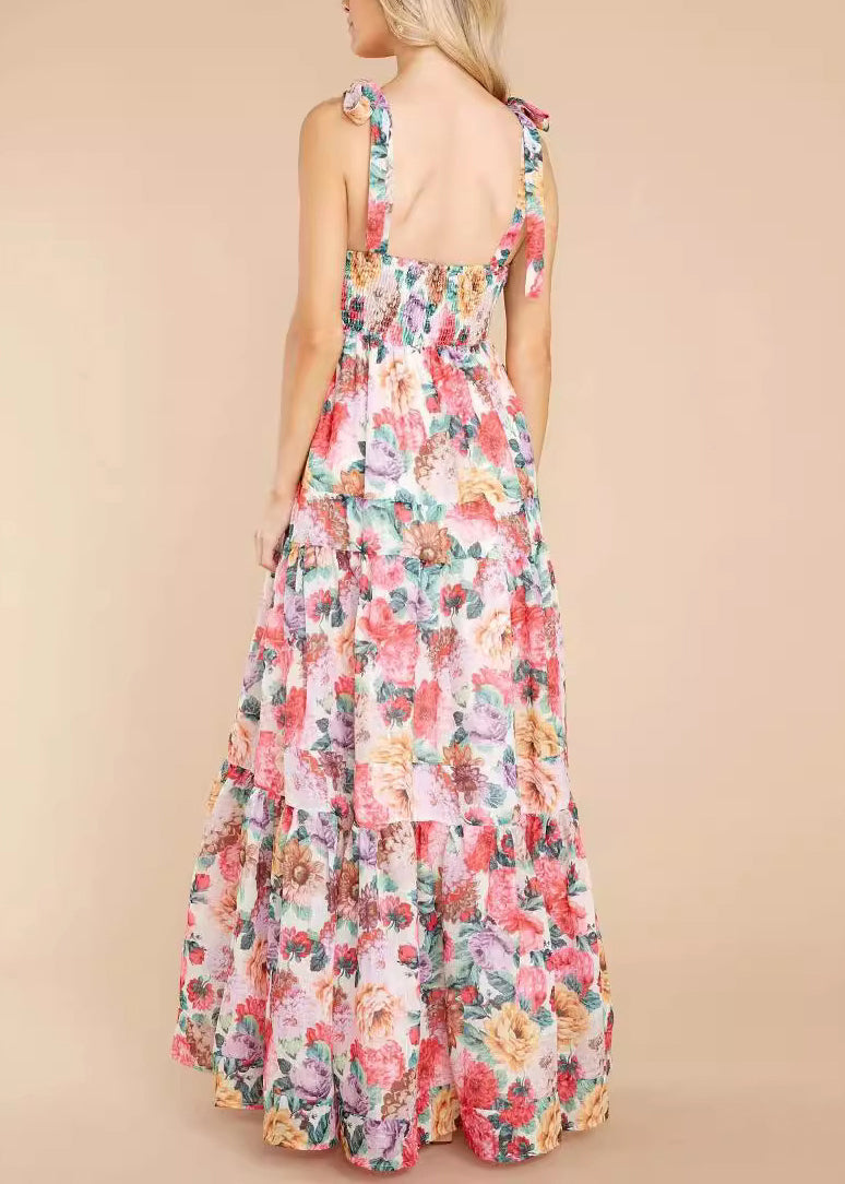 Pink Print Wrinkled Lace Up Patchwork Cotton Dress Summer