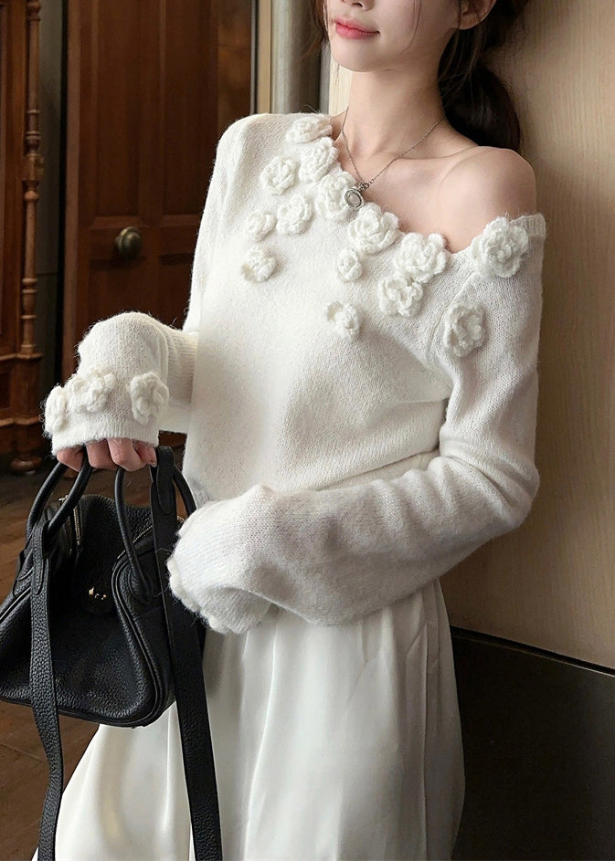 Stylish White Cold Shoulder Knit Sweater Winter