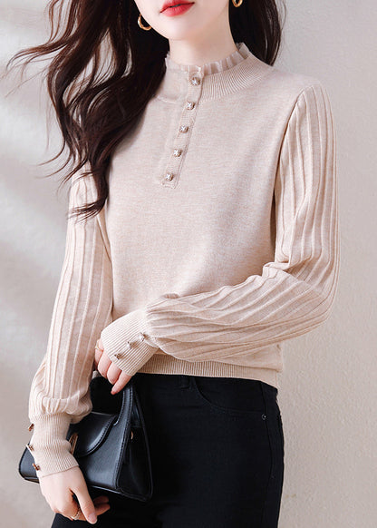 Oatmeal Ruffled Button Patchwork Woolen Sweater Spring