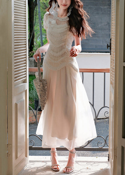 Slim Fit Beige Original Design Tulle Long Dress Summer