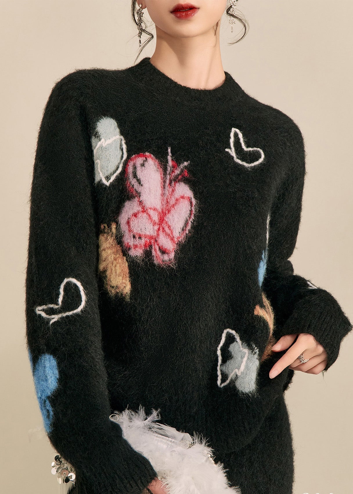 Simple Black Stand Collar Print Butterfly Cozy Cotton Knit Sweater Tops Spring