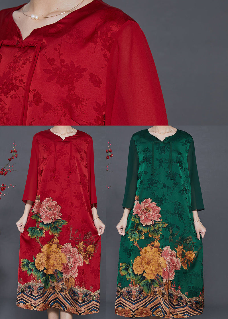 Green Silk Holiday Dress Tasseled Chinese Button Summer