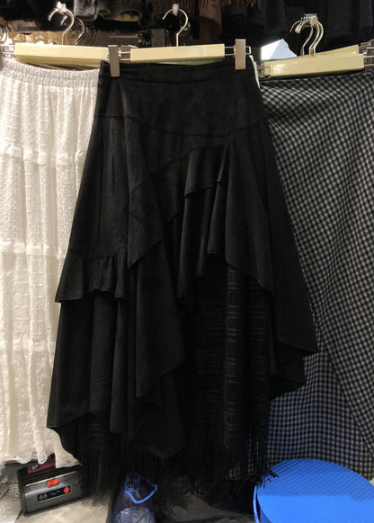 Brown Asymmetrical Patchwork Faux Suede Skirt Winter