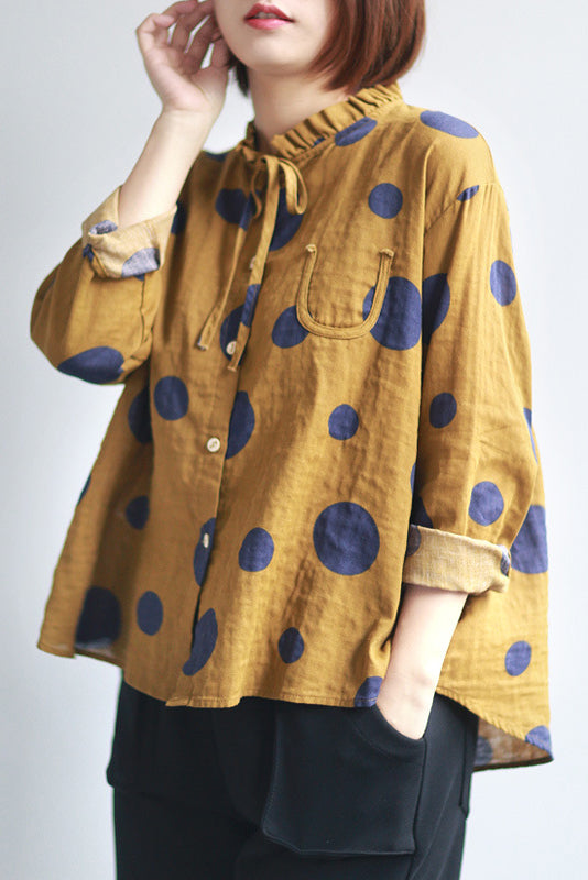 -linen Polka Dot Print Shirt Long-sleeved Loose Top