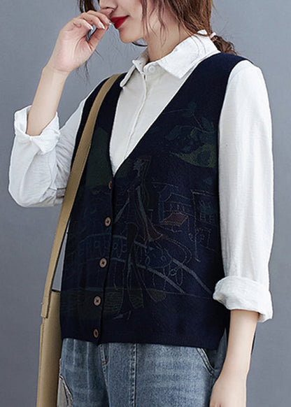 Navy Blue V Neck Print Side Open Knit Waistcoat Sleeveless