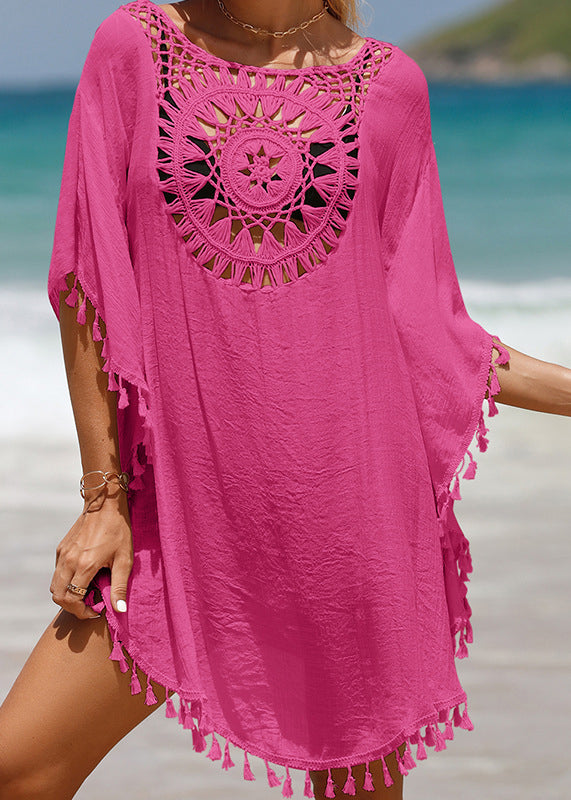 White O Neck Hollow Out Tassel Cotton Mid Dress Summer