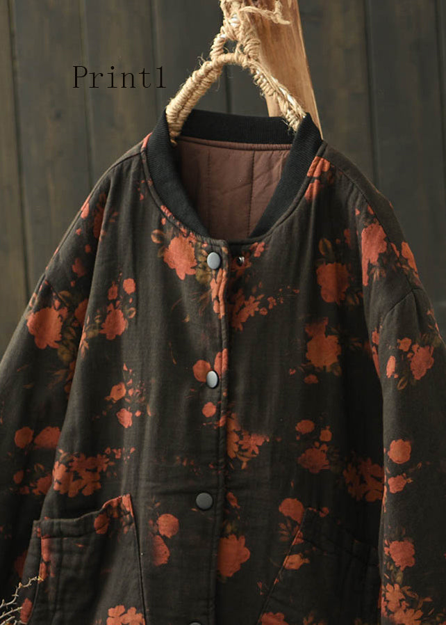 Stand Collar Pockets Print Fine Cotton Filled Coat Spring