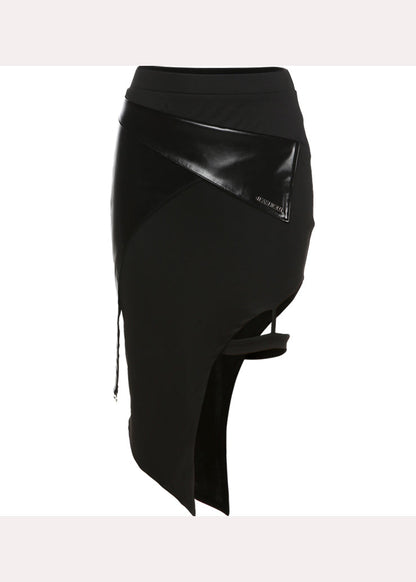 Black Asymmetrical Patchwork Faux Leather Skirts Summer