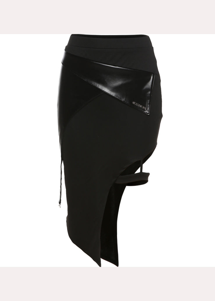 Black Asymmetrical Patchwork Faux Leather Skirts Summer