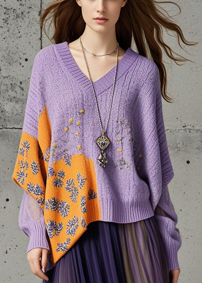 Purple Asymmetrical Print Knit Loose Sweater Fall