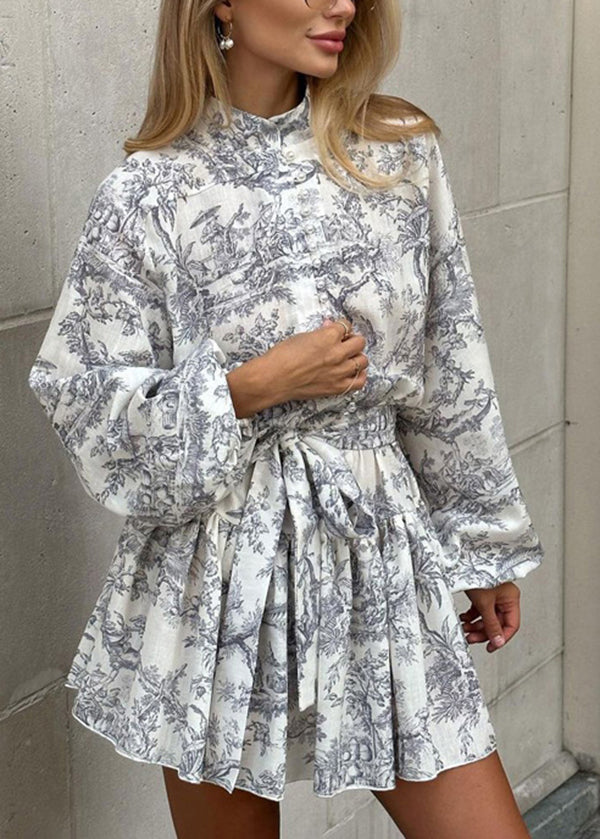 Style Grey Print Tie Waist Puff Sleeve Cotton Vacation Dress