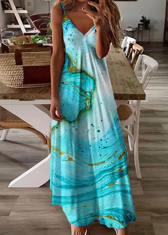 Feather Print V Neck Cotton Long Dresses Sleeveless