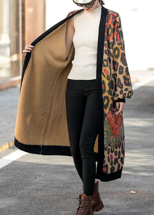 Organic Leopard Loose Print Fall Knit Long Sleeve Cardigan