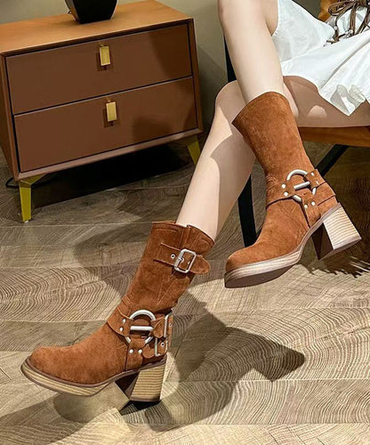 Splicing Chunky Cowboy Boots Caramel Suede