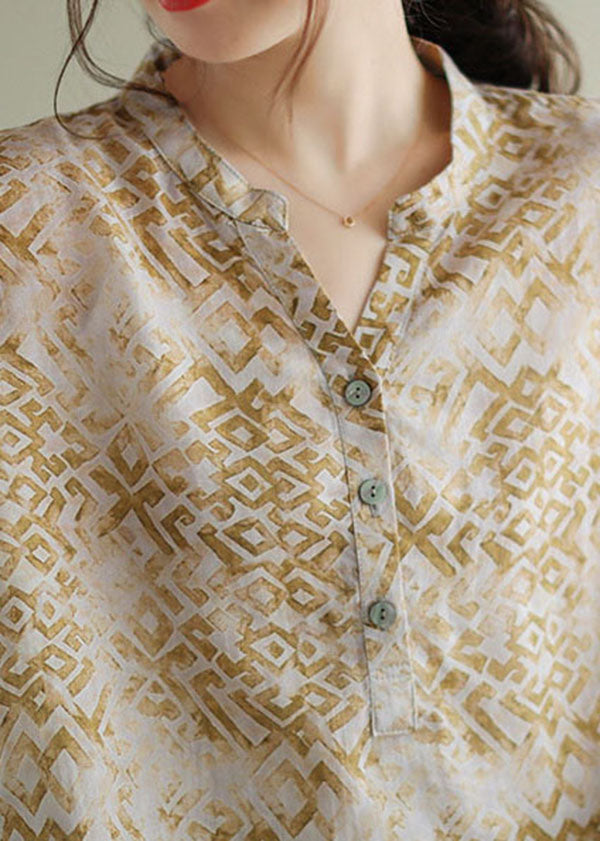 Beige V Neck Print Patchwork Linen T Shirt Top Summer