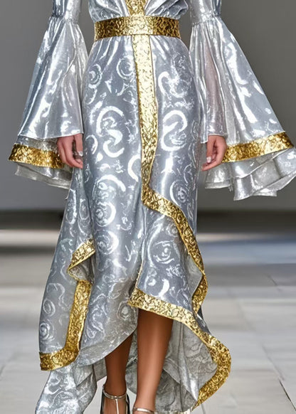 Stylish Silvery Print Patchwork Silk Party Dress Flare Sleeve