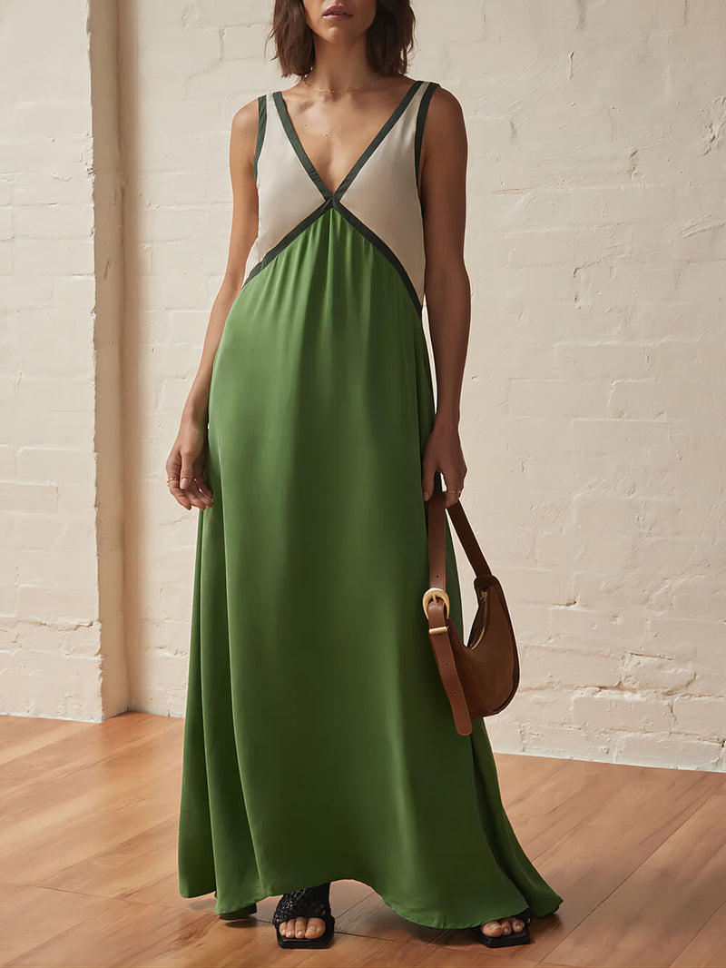 V-neck Contrasting Color Splicing Dress