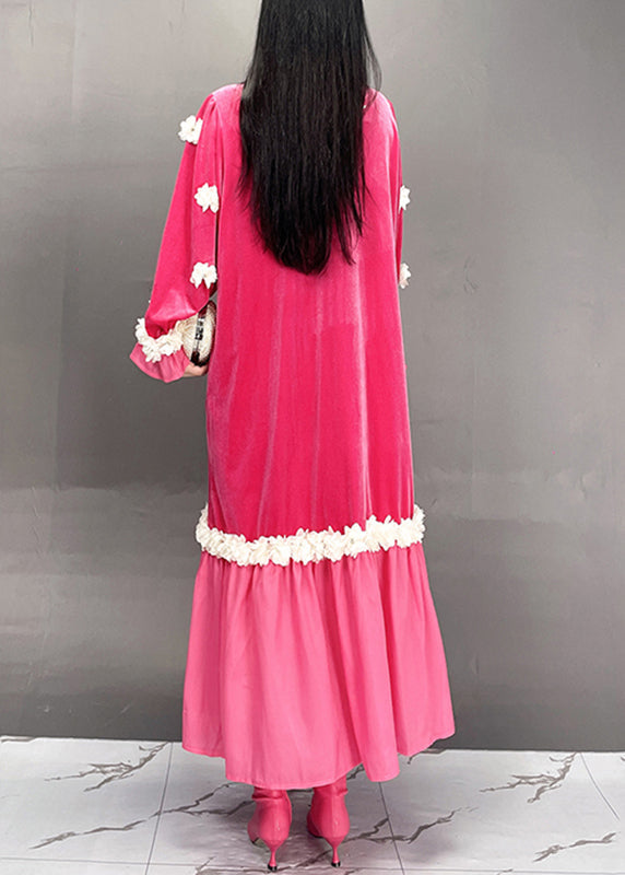 Boutique Red O-neck Embroidered Silk Velvet Long Dresses Fall