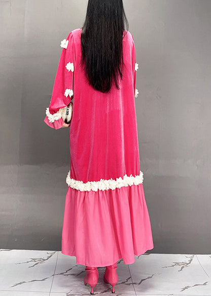 Boutique Red O-neck Embroidered Silk Velvet Long Dresses Fall