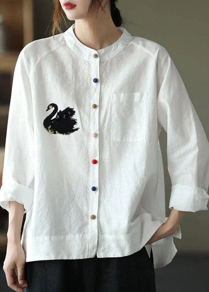 Modern White-swan Loose Patchwork Pockets Fall Long Sleeve Blouse Top