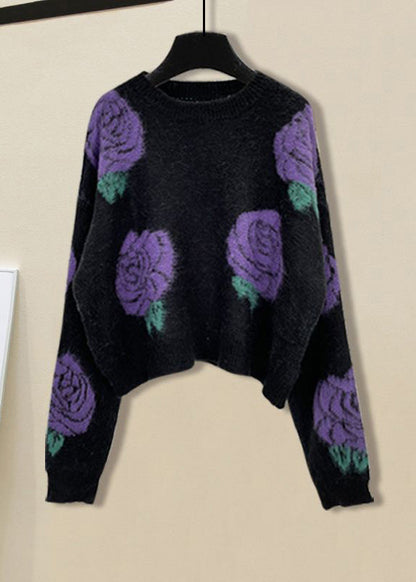 Black Print O-neck Cotton Knit Sweater and Straight Pants Two Pieces Set Winter