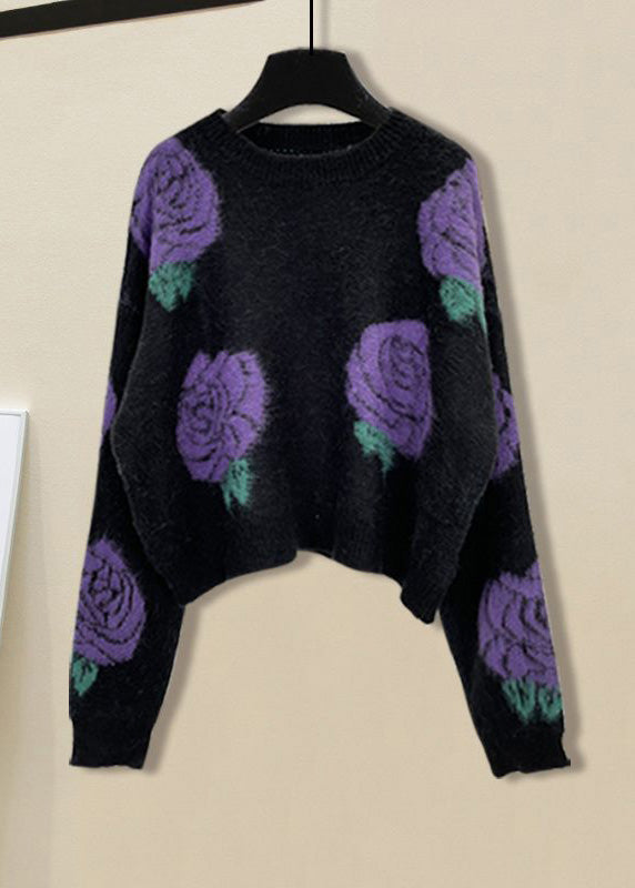 Black Print O-neck Cotton Knit Sweater and Straight Pants Two Pieces Set Winter