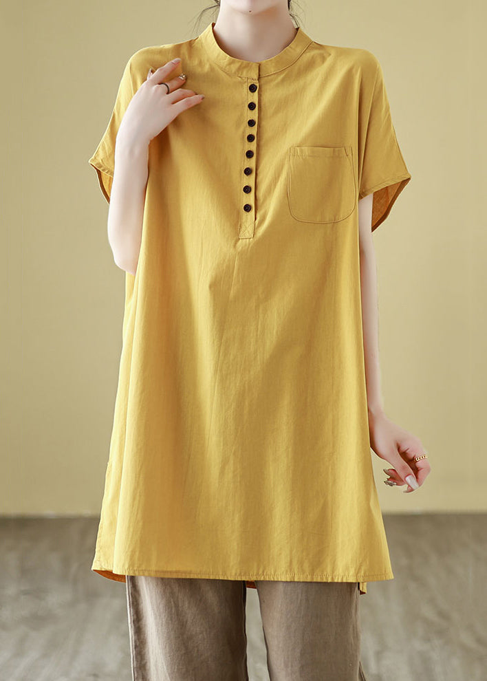 Simple Yellow Button Pockets Cotton T Shirt Short Sleeve