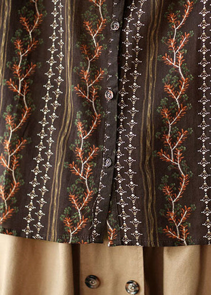 Stylish Chocolate Button Peter Pan Collar Print Shirts Spring