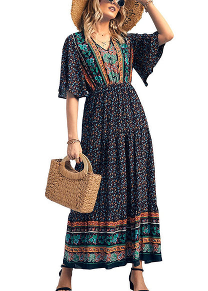 Black V Neck Print Wrinkled Cotton Dresses Summer