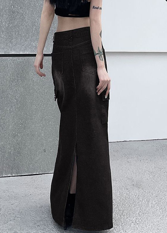 Dark Gray Pockets Side Open Denim Skirt Summer