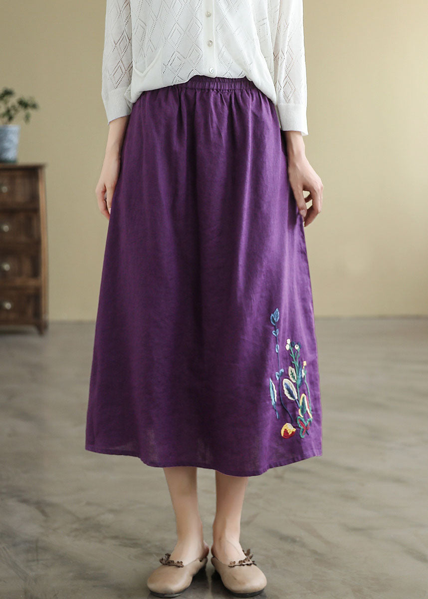 Black Elastic Waist Embroidered Linen a Line Skirts Spring