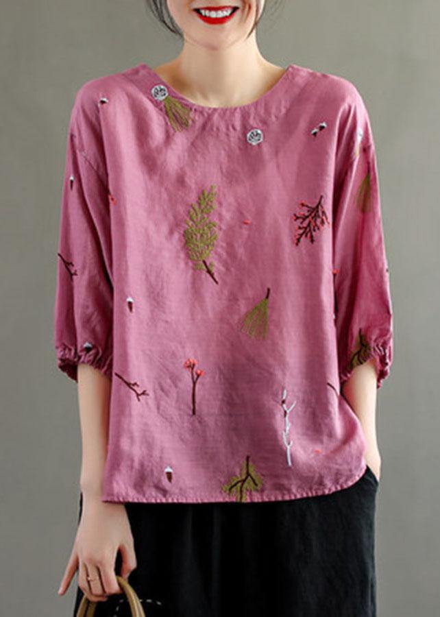 Pink O-neck Embroidered Summer Linen Blouses