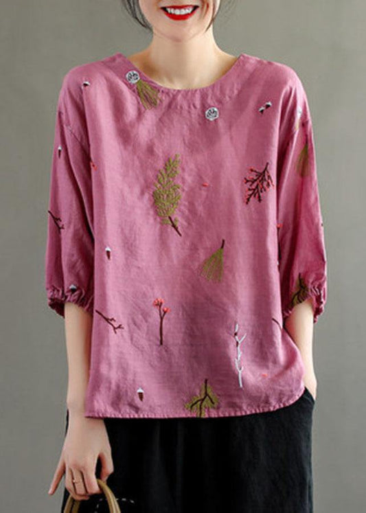 Pink O-neck Embroidered Summer Linen Blouses
