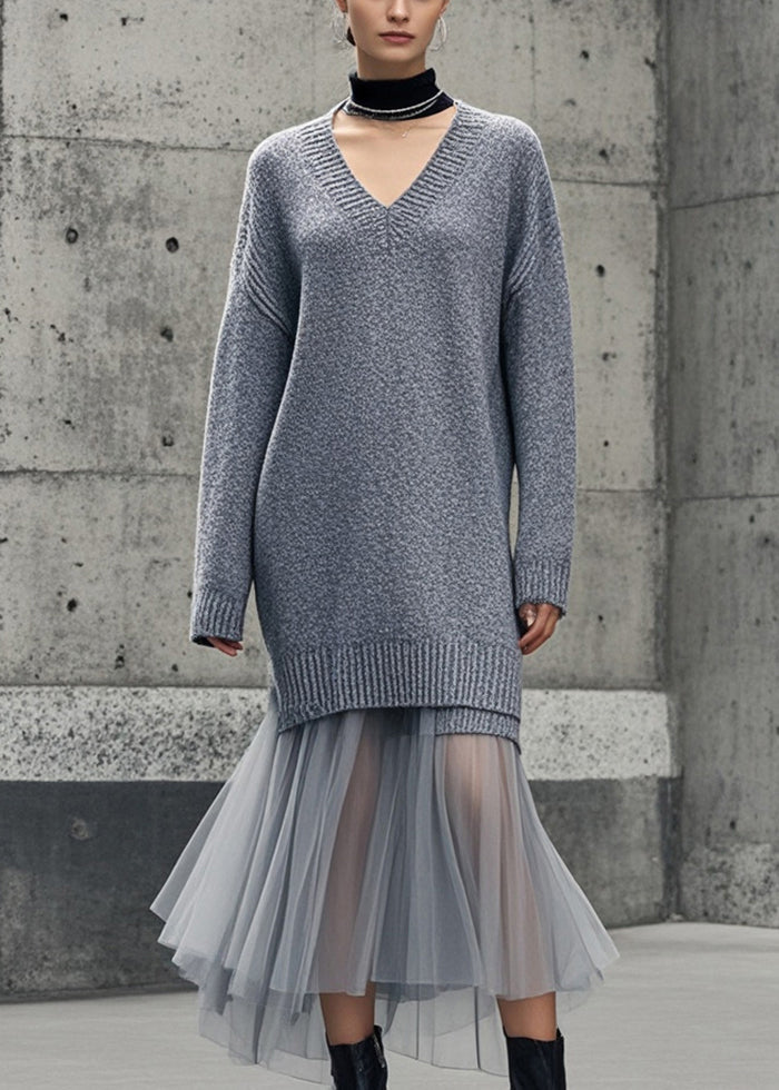 Grey V Neck Patchwork Tulle Knitwear Dress Winter