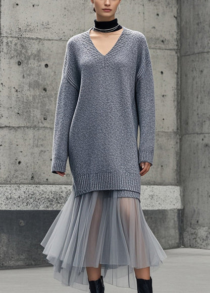 Grey V Neck Patchwork Tulle Knitwear Dress Winter