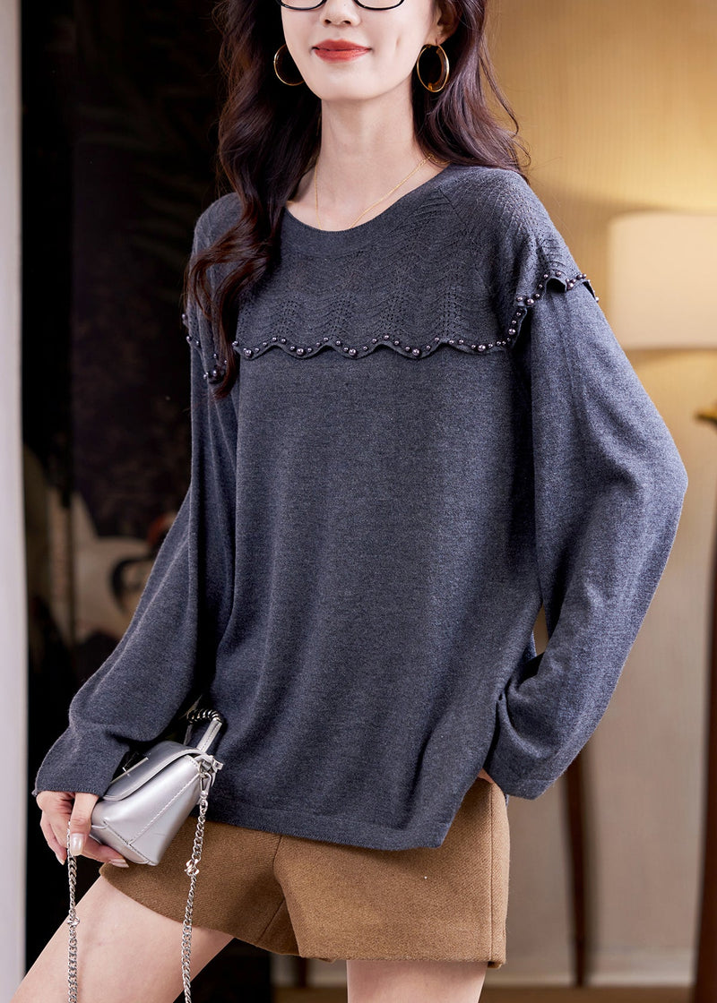 Grey Nail Bead Patchwork Knit Sweater Top Fall
