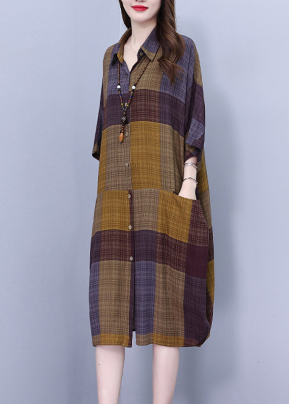 Peter Pan Collar Plaid Long Shirt Dress Summer