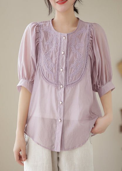 Handmade Green Embroidered Puff Sleeve Cotton Blouses
