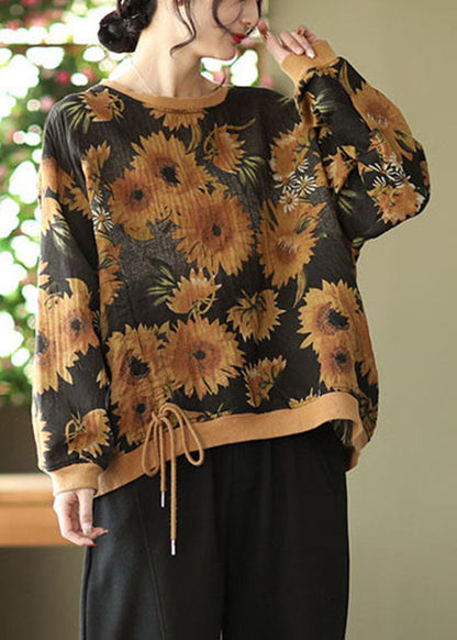 Diy Black O-neck Wrinkled Drawstring Print Pullover Sweatshirt Spring