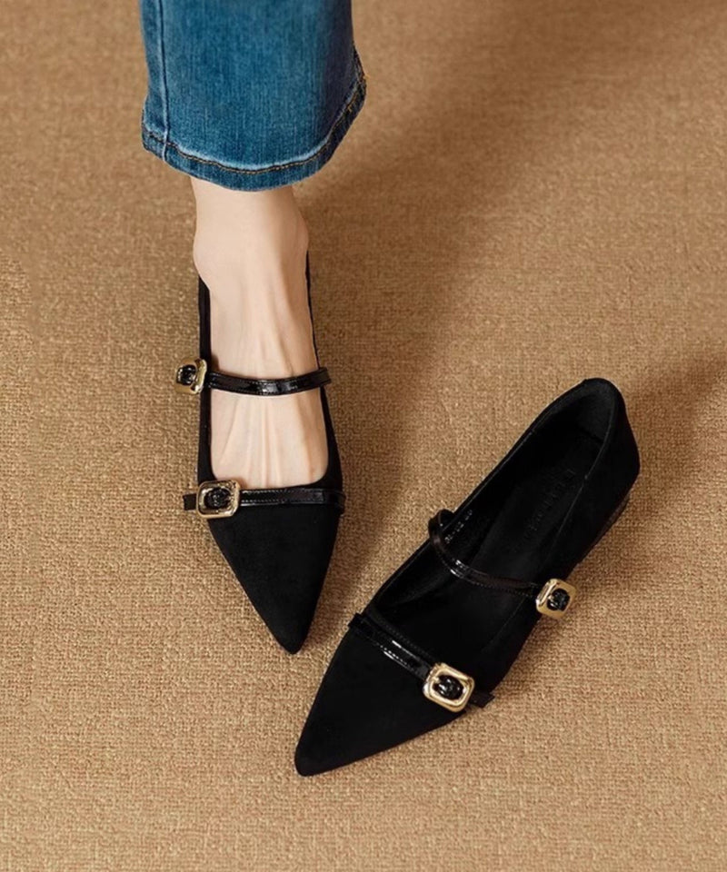 Black Buckle Strap Splicing Flat Feet Shoes Pointed Toe