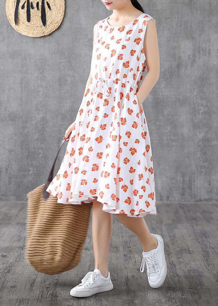 Handmade White Print Linen Long Shirts Sleeveless Cotton Summer Dress