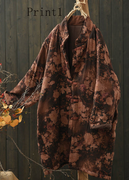 Stand Collar Print Oriental Button Fine Cotton Filled Coat Spring