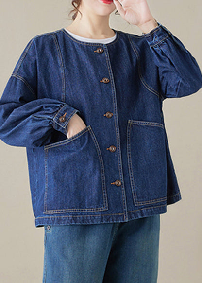 Loose Blue O-neck Pockets Patchwork Denim Coats Long Sleeve