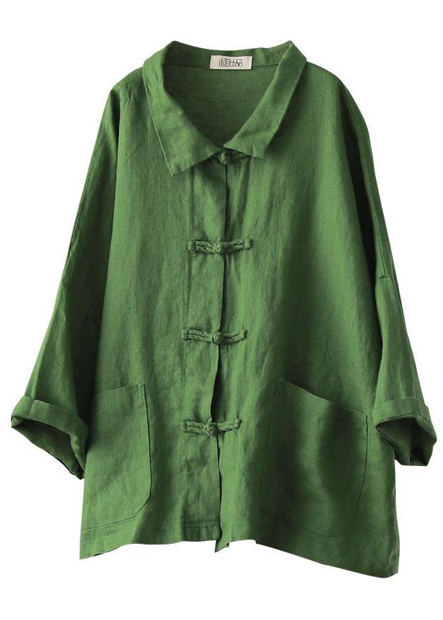 Green Peter Pan Collar Pockets Summer Linen Top