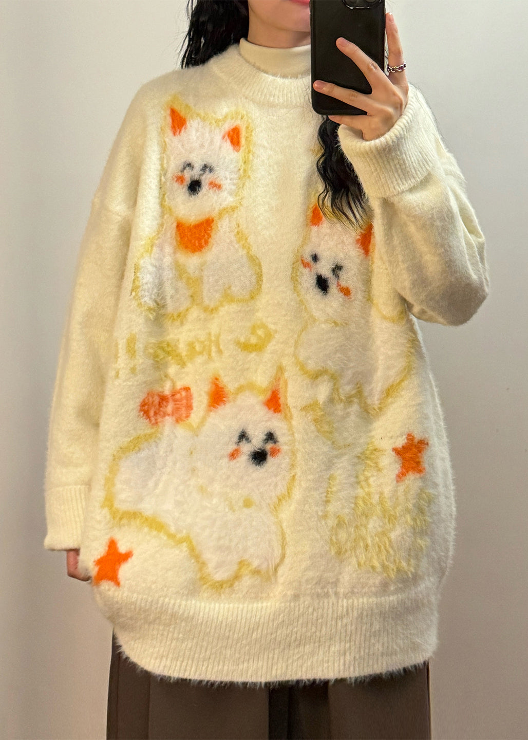 Apricot O-neck Little Dog Cozy Mink Hair Knitted Sweater Winter