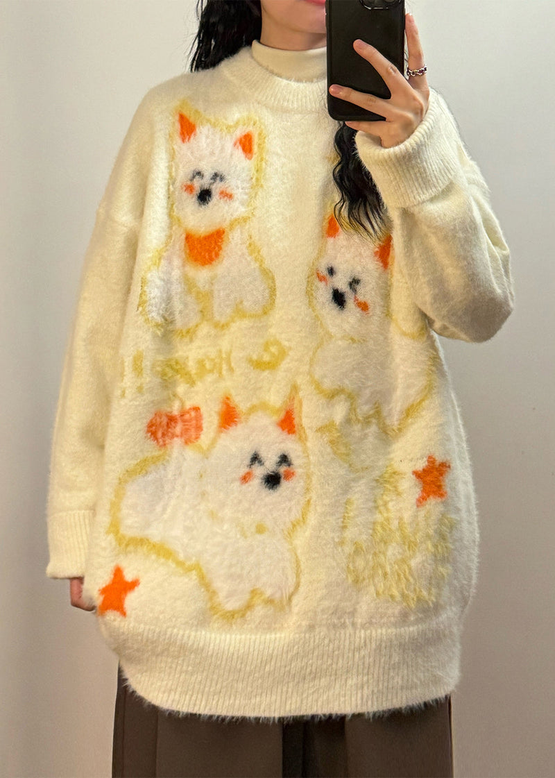 Apricot O-neck Little Dog Cozy Mink Hair Knitted Sweater Winter